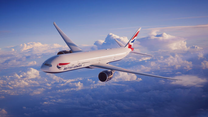 British Airways Boeing 777-300 in flight.