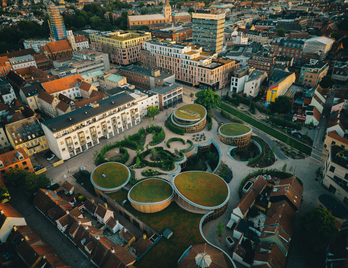 A drone shot of The H.C. Andersen Museum. A drone shot of The H.C. Andersen Museum.