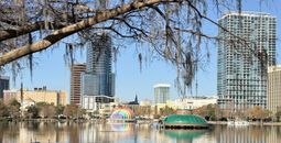 A walking path surrounds Lake Eola in downtown Orlando.