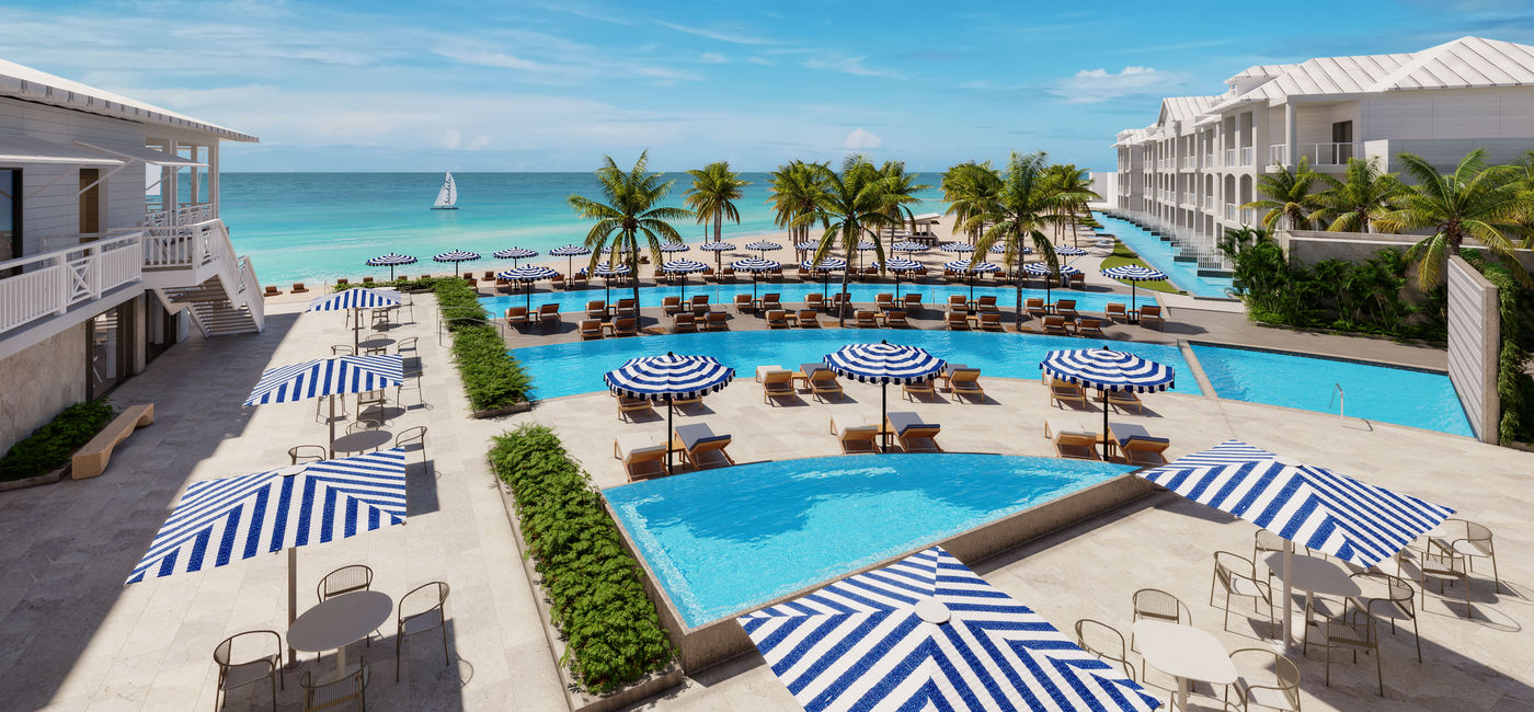 Image: Rendering of the new signature pool at Sandals Montego Bay, featuring seamless beach connectivity, and new oceanfront, swim up suites along the shoreline. (Photo Credit: Sandals Resorts)