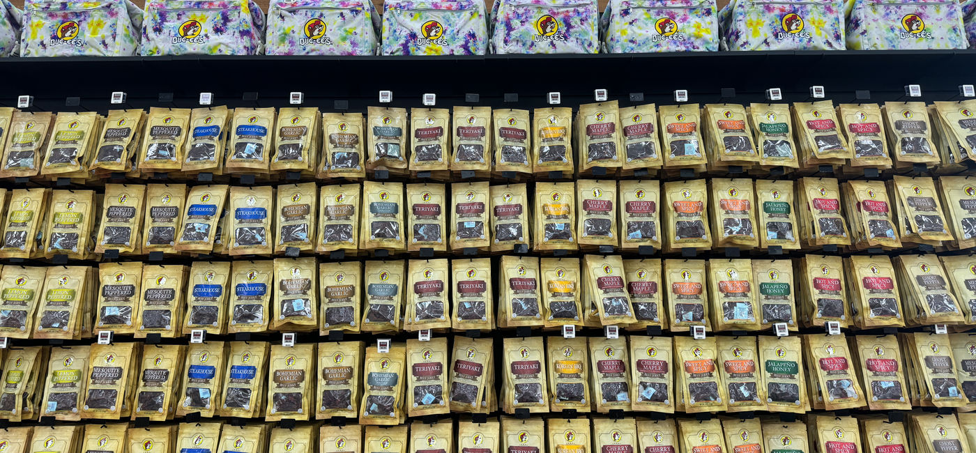 Image: Beef jerky selection at Buc-ee's travel center in Texas. (Photo Credit: MelissaMN/Adobe)
