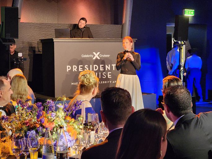 Celebrity Cruises' President Laura Hodges Bethge speaks aboard the 2025 President's Cruise voyage.