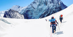 Group of climbers reaching the Everest summit in Nepal