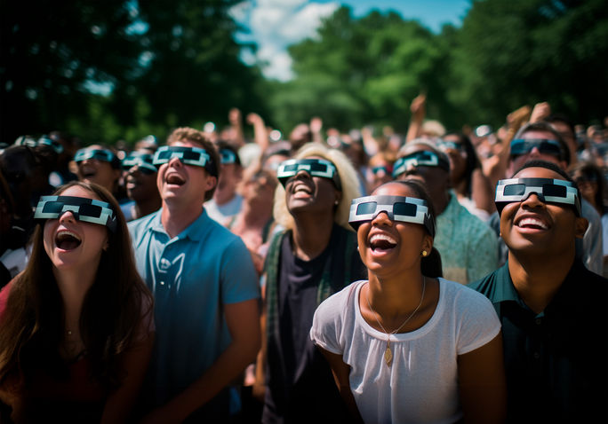 Gruppe von Menschen, die eine Sonnenfinsternis durch eine Sonnenbrille beobachten. 