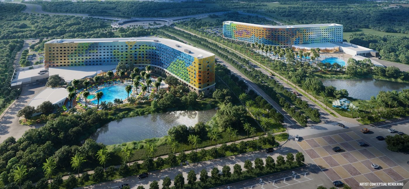 Image: Aerial rendering of the Universal Stella Nova Resort and the Universal Terra Luna Resort, opening in early 2025. (Photo Credit: Universal Orlando Resort)