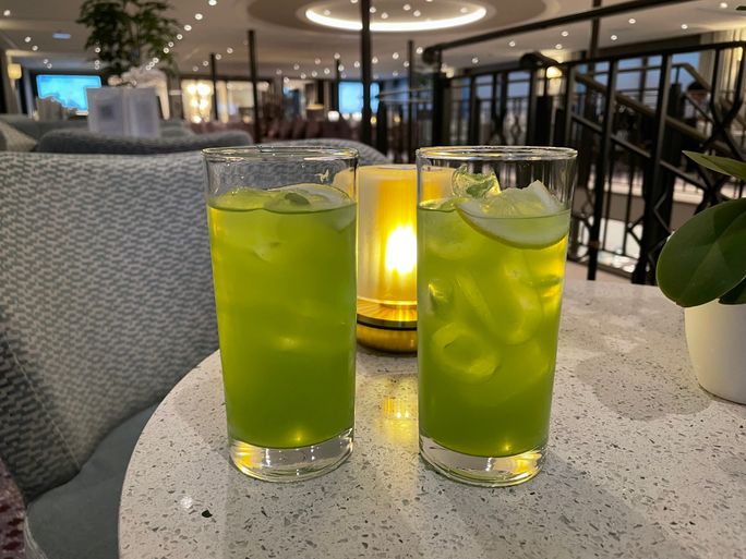 A basil-flavored cocktail of the day in the lounge