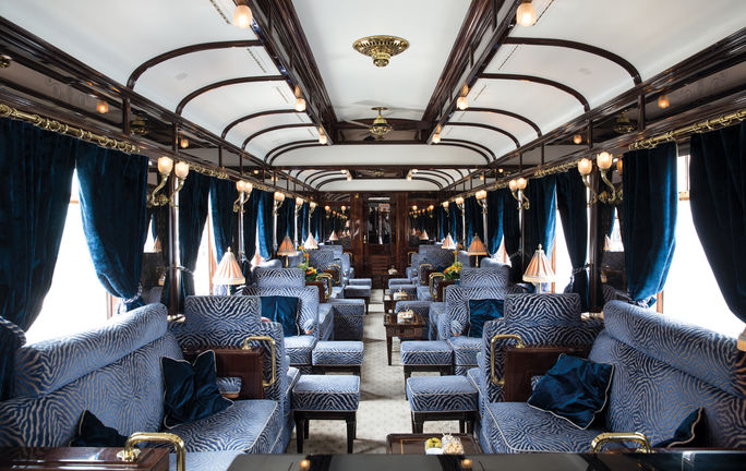 Lounge car interior aboard the Venice Simplon-Orient-Express.