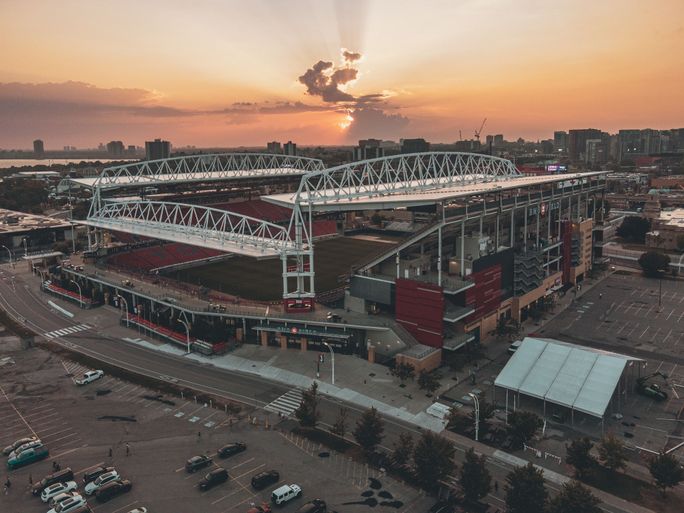 Aerial view of Toronto's BMO Field at sunset