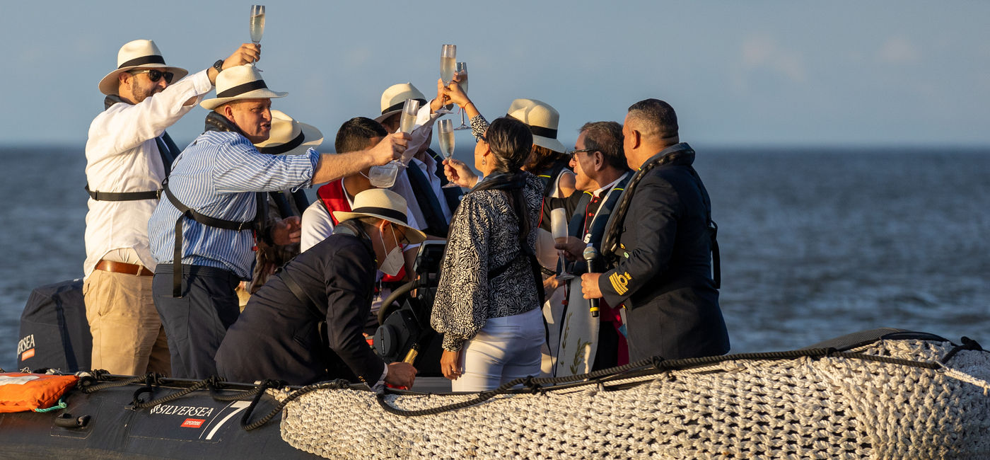Image: Silversea and Royal Caribbean Group executives, along with Galapagos Islands dignitaries and members of the media watched the christening ceremony from the Silver Origin's Zodiac rafts. (Photo via Silversea Cruises)