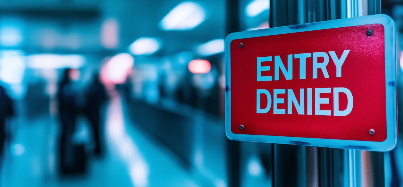 Image: AI image of an entry denied sign at the airport. (Photo Credit: kodidesign/Adobe Stock)