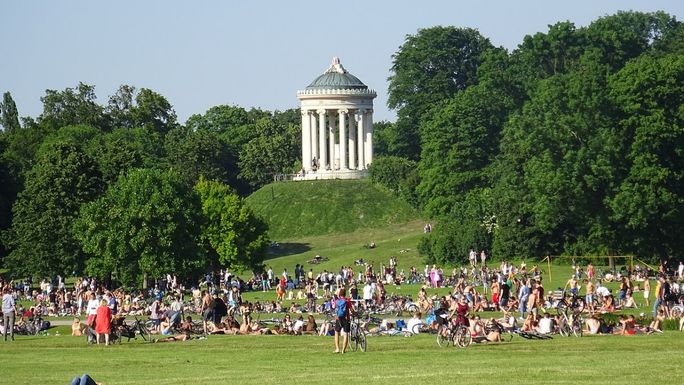 Crowds enjoying Munich's English Garden in summer Munich, English Garden