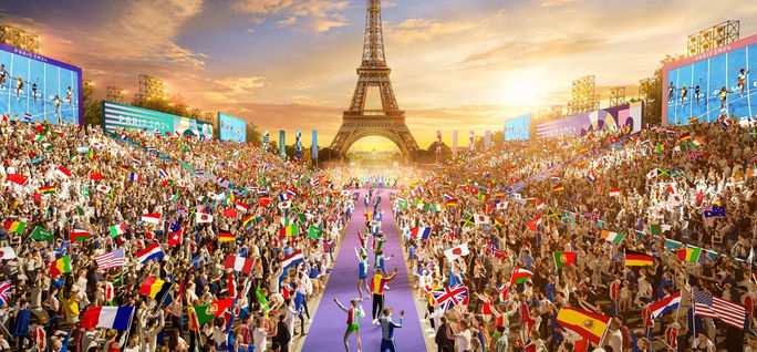Rendering of Champions Park, Paris 2024 Olympics. Paris Olympics, 2024 Olympics, Champions Park, Eiffel Tower