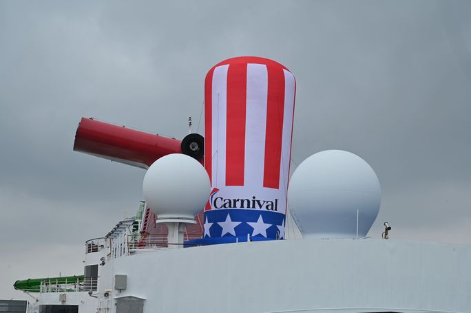 Carnival Pride displayed a 40-foot inflatable "Uncle Sam" hat for a celebration of America's 250th anniversary on June 28, 2026.