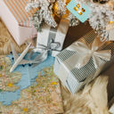 Toy airplane sitting on a map surrounded by holiday gifts.