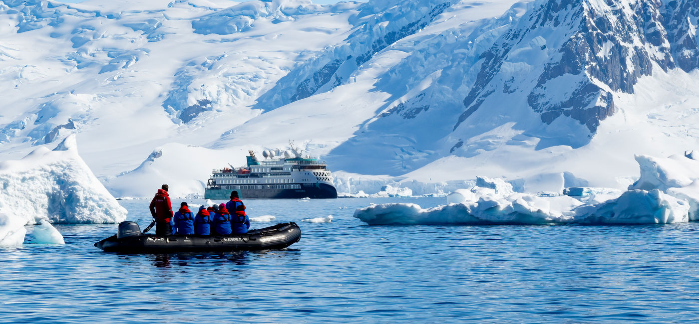 Image: Aurora Expeditions Zodiac Cruising in Recess Cove, Antarctica (Photo Credit: David Jaffe)