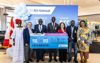 Dignitaries and industry representatives gather to celebrate Air Transat's inaugural Montreal–Dakar flight, Canada's first direct service to sub-Saharan Africa.