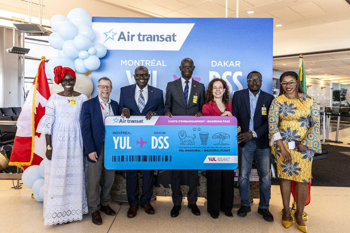 Dignitaries and industry representatives gather to celebrate Air Transat's inaugural Montreal–Dakar flight, Canada's first direct service to sub-Saharan Africa. Dignitaries and industry representatives gather to celebrate Air Transat's inaugural Montreal–Dakar flight, Canada's first direct service to sub-Saharan Africa.