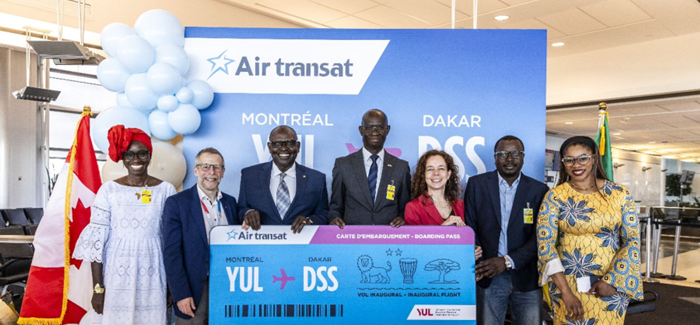 Image: Des dignitaires et des représentants de l'industrie soulignent le vol inaugural Montréal–Dakar d'Air Transat, premier service direct du Canada vers l'Afrique subsaharienne (Source: Air Transat)