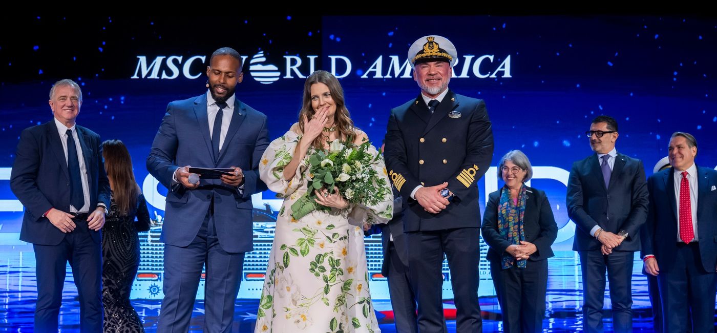Image: MSC World America Godmother, Drew Barrymore, with Captain Dino Sagani (Photo Credit: MSC)