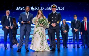 MSC World America Godmother, Drew Barrymore, with Captain Dino Sagani