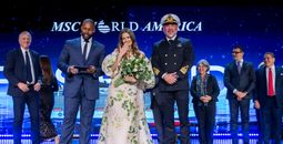 MSC World America Godmother, Drew Barrymore, with Captain Dino Sagani