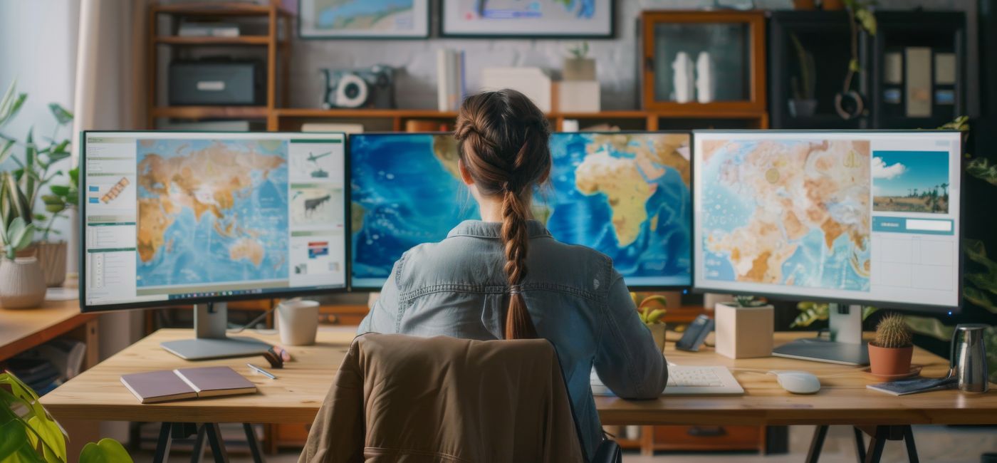 Image: Travel advisor at work in front of computer screens. (Photo Credit: Exnoi / Adobe Stock / Generated with AI)