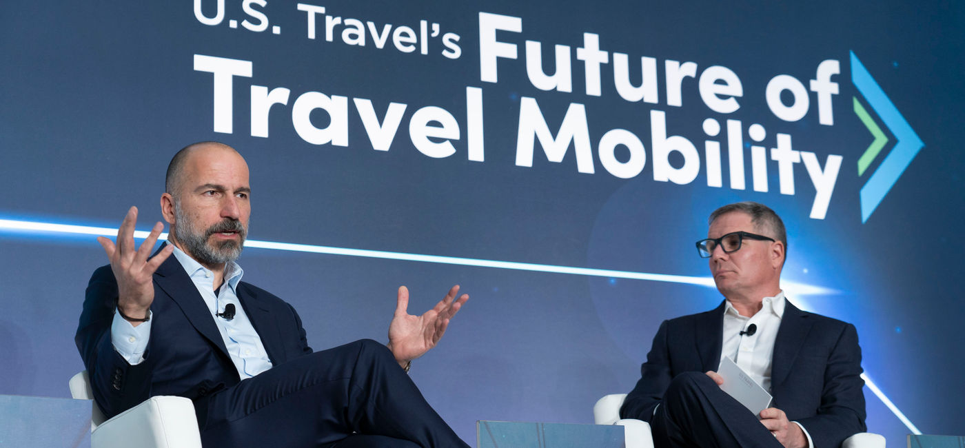 Image: Geoff Freeman, U.S. Travel’s President and CEO (right) engaged in fireside chat with Dara Khosrowshahi, CEO, Uber. (Photo Credit: U.S. Travel Association)
