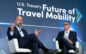 Geoff Freeman, U.S. Travel’s President and CEO (right) engaged in fireside chat with Dara Khosrowshahi, CEO, Uber.