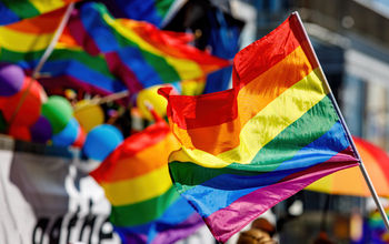 LGBTQI+ flag being waved at a pride parade.
