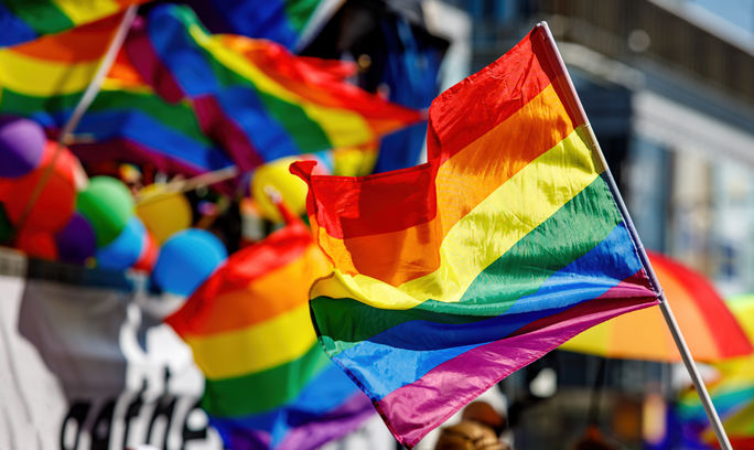 LGBTQI+ flag being waved at a pride parade. LGBTQI+ flag being waved at a pride parade.