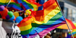 LGBTQI+ flag being waved at a pride parade.