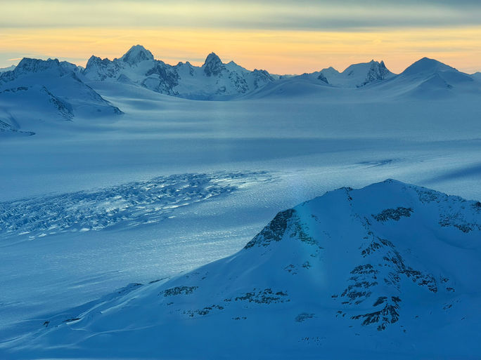 Dramatic peaks and the Llewellyn Glacier as seen during our flightseeing excursion
