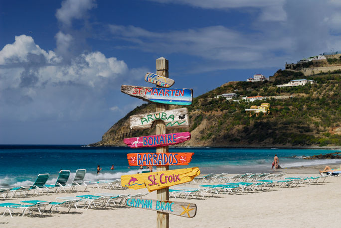 Signpost pointing the way to various Caribbean Islands.