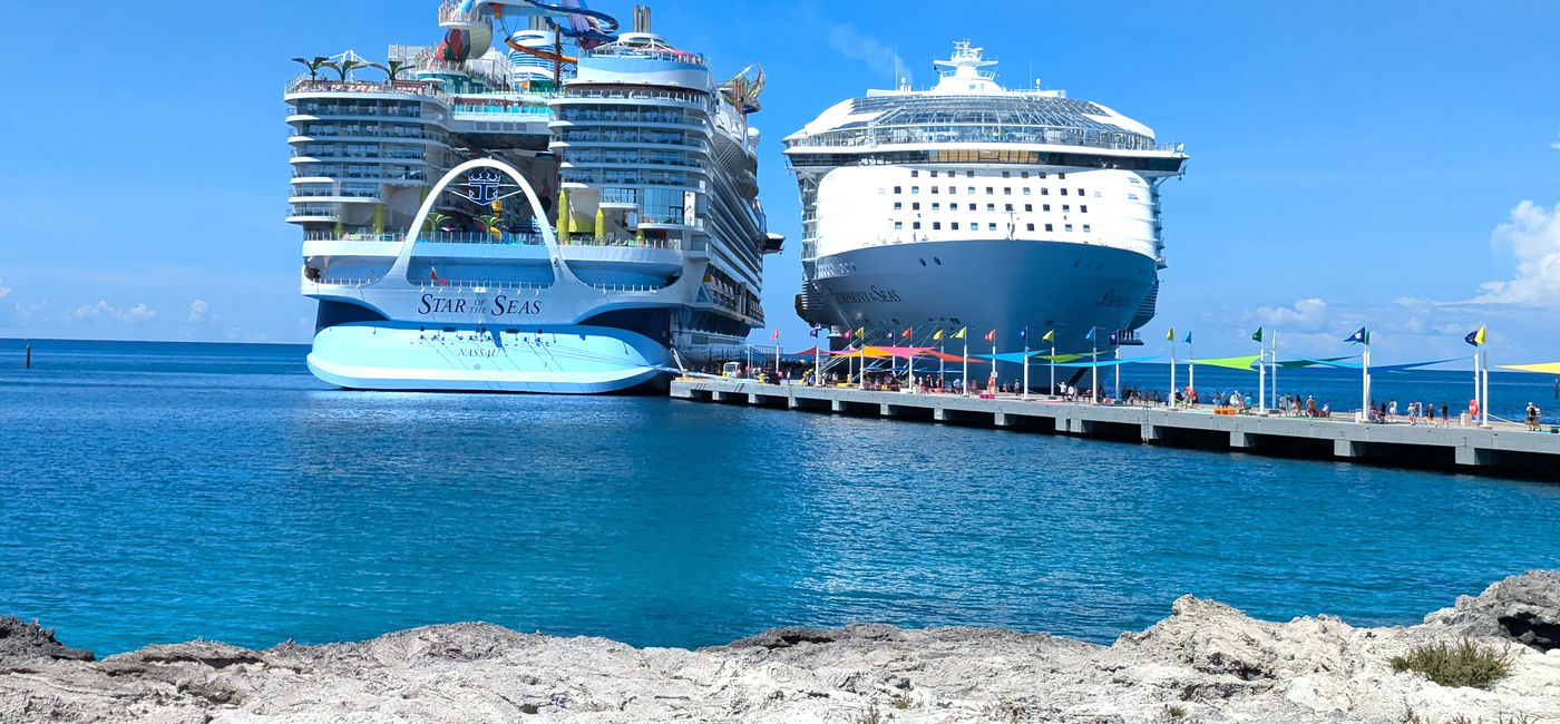 Image: Royal Caribbean cruise ships Star of the Seas and Symphony of the Seas docked at Perfect Day CocoCay (Photo Credit: Eric Bowman)