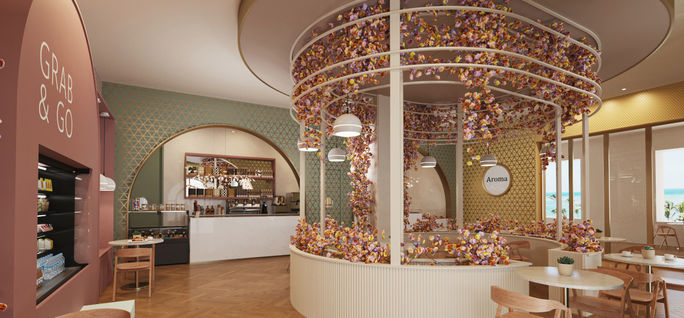 Rendering of Aroma, the cafe inside the Excellence Coral Playa Mujeres resort. The Excellence Collection, Excellence Coral Playa Mujeres, new resorts in cancun 2025