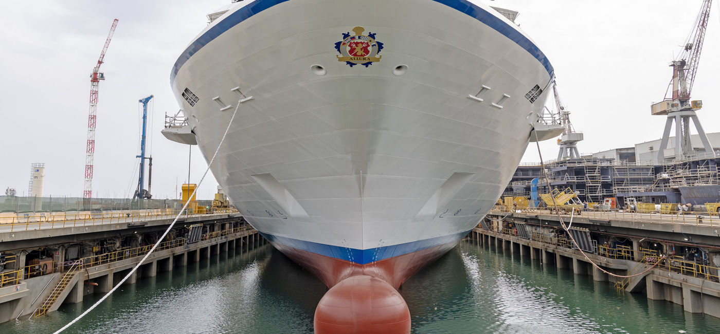 Image: Oceania's newest ship, Allura, being floated out from the Fincantieri Shipyard in Genoa, Italy. (Photo Credit: Oceania Cruises)