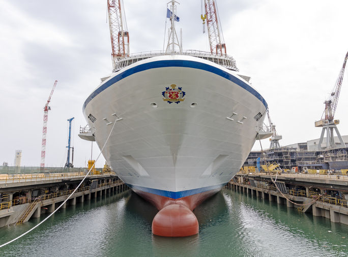 Oceania's newest ship, Allura, being floated out from the Fincantieri Shipyard in Genoa, Italy.