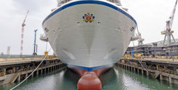 Oceania's newest ship, Allura, being floated out from the Fincantieri Shipyard in Genoa, Italy.