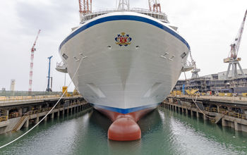 Oceania's newest ship, Allura, being floated out from the Fincantieri Shipyard in Genoa, Italy.