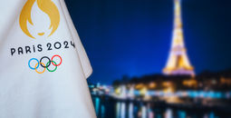Flag bearing the official logo of the 2024 Paris Summer Olympic Games.