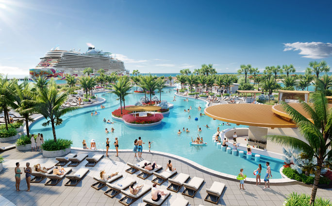 Rendering of the new pool area at Norwegian Cruise Line's Great Stirrup Cay, Bahamas. Rendering of the new pool area at Norwegian Cruise Line's Great Stirrup Cay, Bahamas.