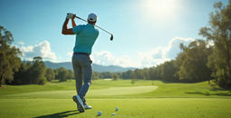 Golfer taking a swing on a sunny fairway.
