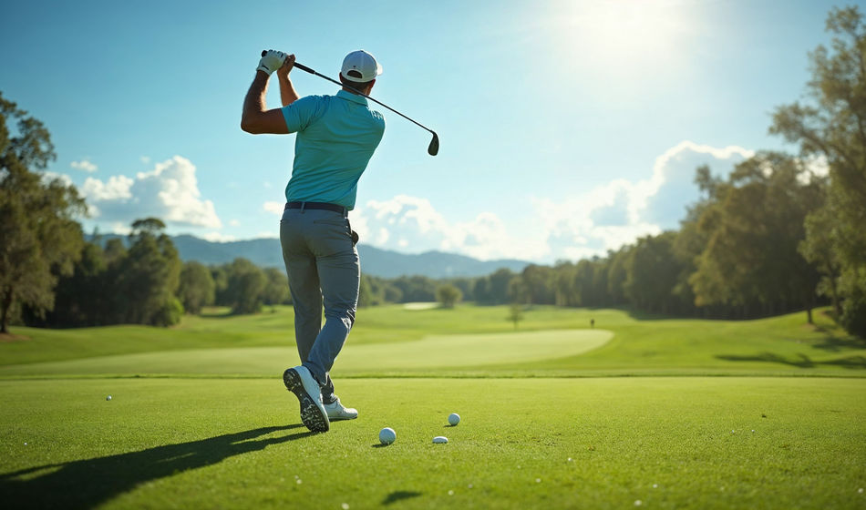 Golfer taking a swing on a sunny fairway.