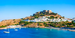 Lindos Acropolis and beach, Rhodes, Greece.