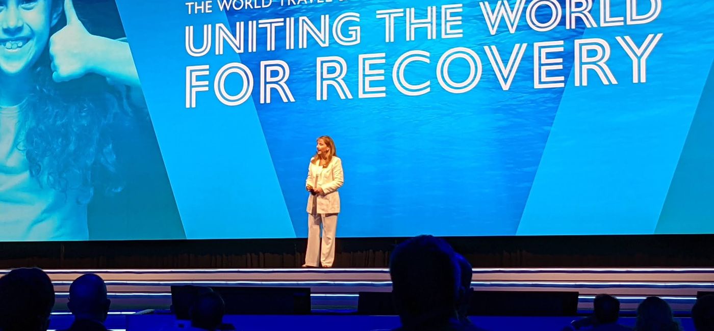 Image: WTTC President and CEO Gloria Guevara speaks at the 2021 Global Summit in Cancun. (photo by Eric Bowman)