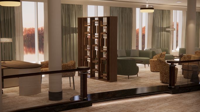 Rendering of a gathering space with more seating area onboard the Crystal Symphony. Crystal, Crystal Symphony