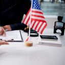 Woman interviewing for a US visa application