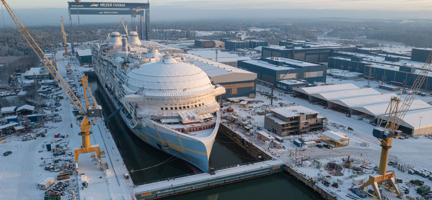 Image: Icon of the Seas, the first Icon Class ship, under construction in Finland. (Photo Credit: Royal Caribbean)