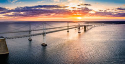 Aerial panorama of Chesapeake Bay Bridge at sunset
