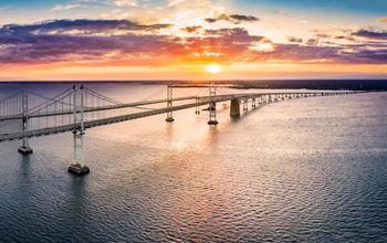 Aerial panorama of Chesapeake Bay Bridge at sunset
